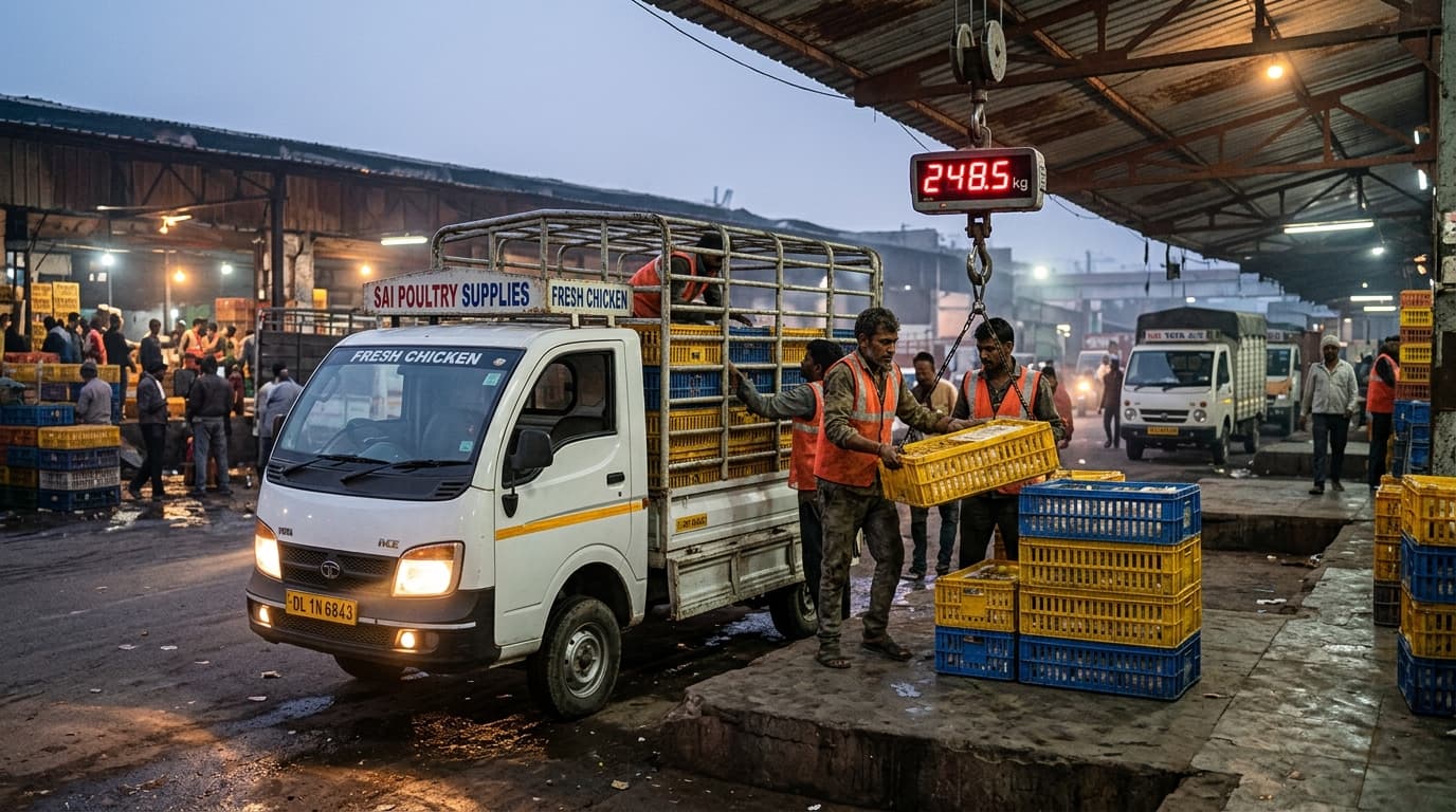Photorealistic 5:00 AM Dawn wholesale poultry depot loading dock with Tata Ace truck and electronic crane scale
