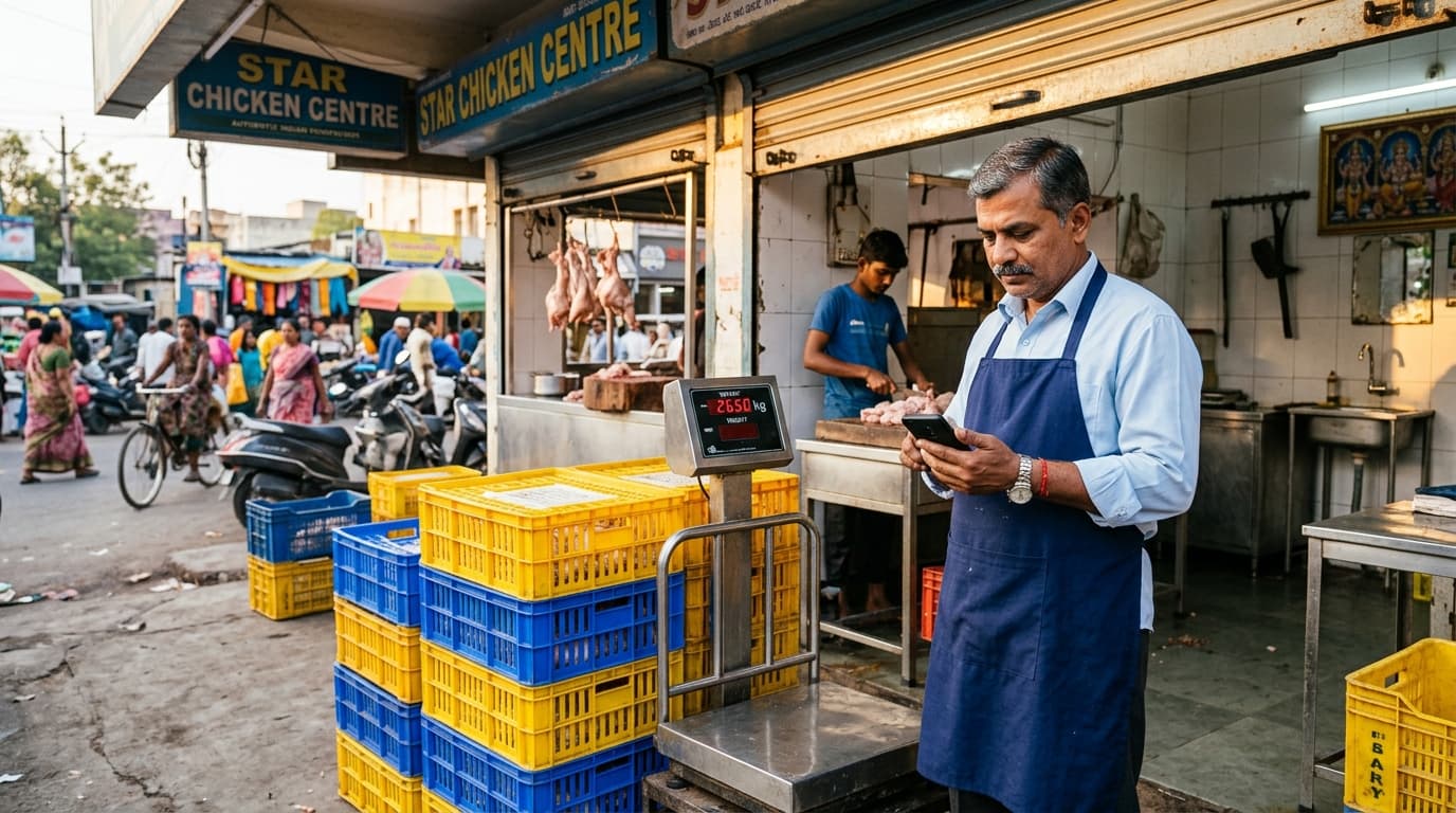 Photorealistic 7:00 AM morning stock arrival at Indian chicken shop with platform scale and crates